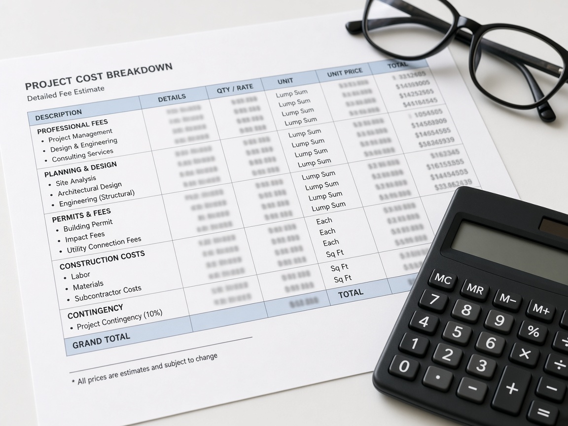 All-in fee breakdown worksheet on a desk