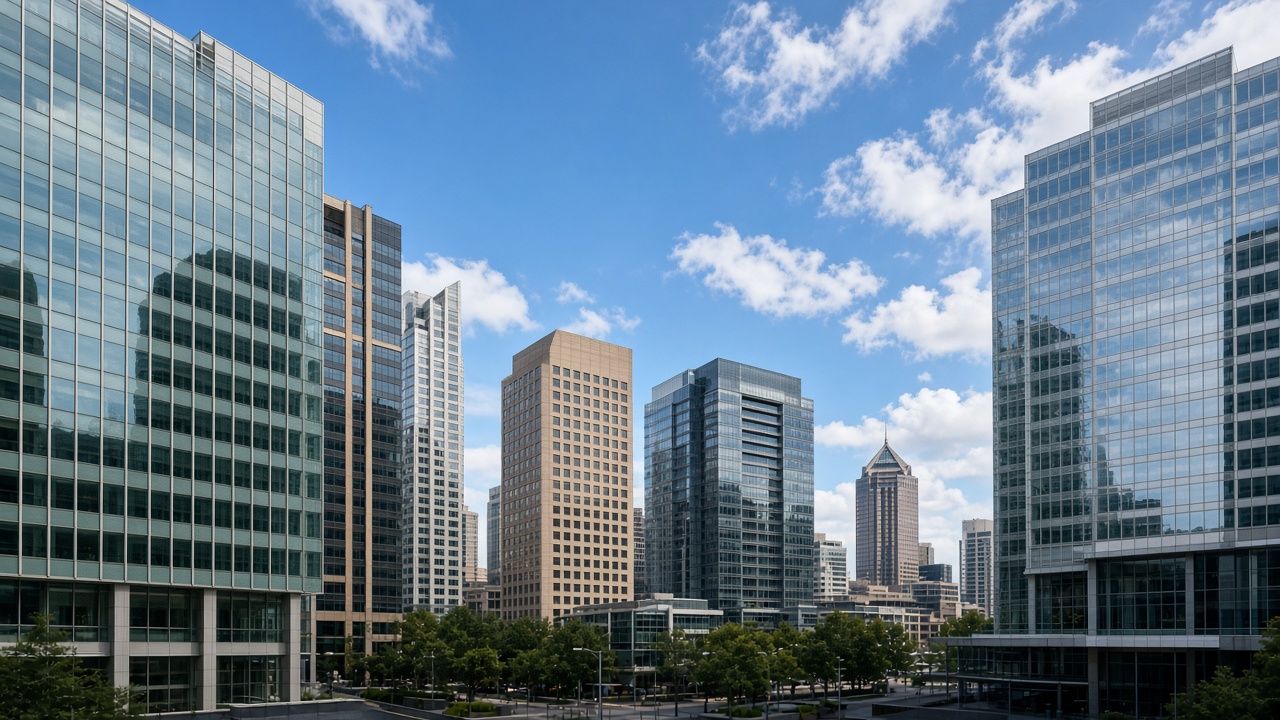 City skyline with prominent tower